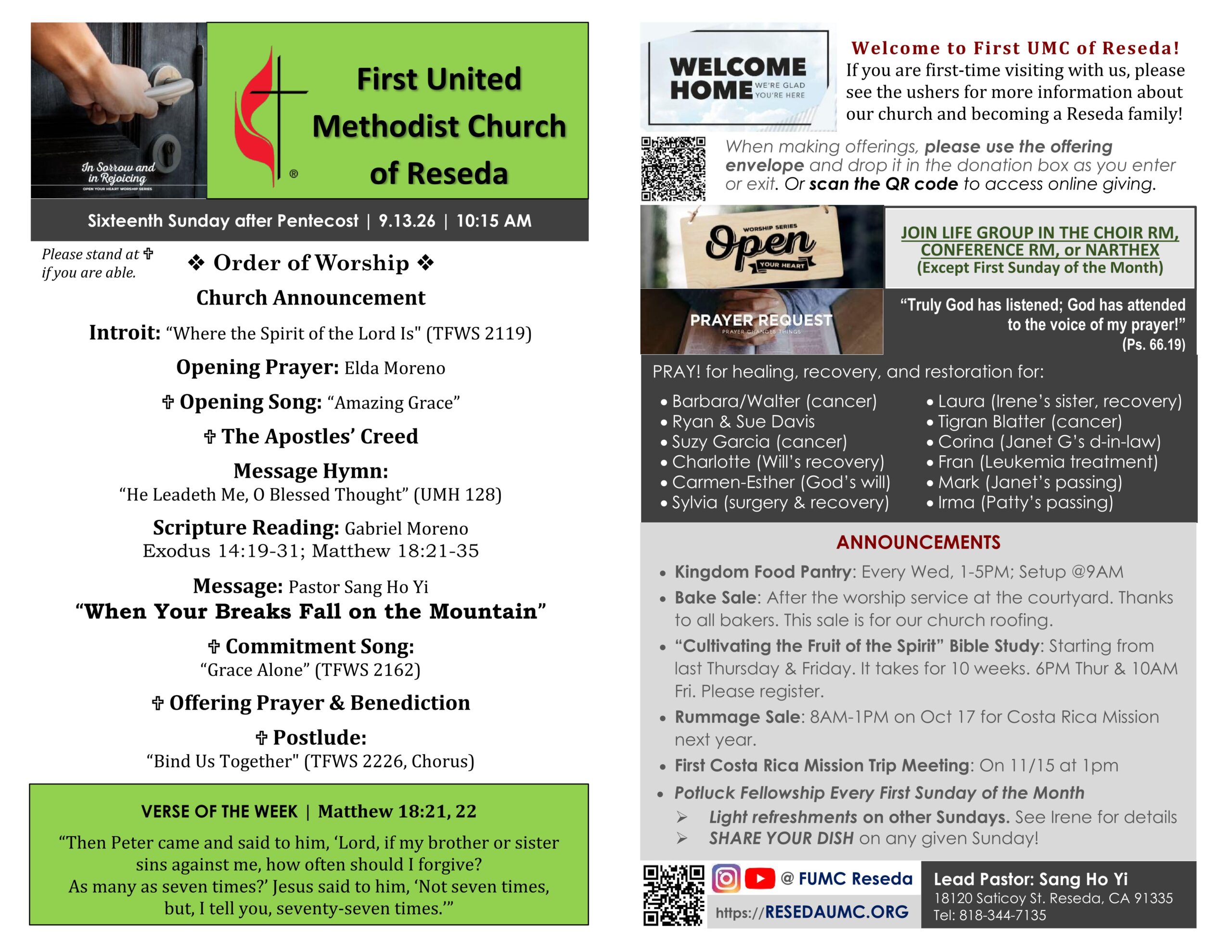FUMCReseda Bulletin - 2026-0913